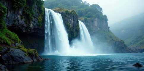 Fototapeta premium Shimmering waterfalls cascading down a rocky cliff, misty atmosphere, soft focus
