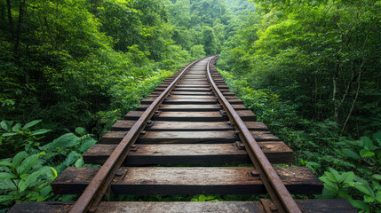 Obraz premium surreal abandoned railway surrounded by lush green trees and foliage