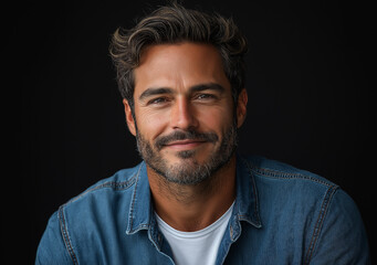 Obraz premium Smiling Man in Denim Shirt – Cinematic-Style Portrait Photography with Black Background, High-Quality Studio Shot, Professional Lighting, Perfect for Branding and Marketing Use