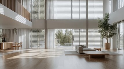 Fototapeta premium Elegant Modern Living Room with Large Windows and Minimalist Furniture Design
