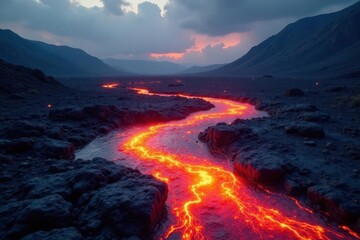 Fototapeta premium Sparkling river of molten lava on ancient land, landscape, lava, wilderness