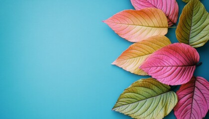 colorful leaves on a blue background, with copy space. The colors include green and pink, creating an elegant contrast that emphasizes the beauty in nature's palette