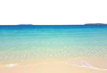 Calm turquoise water meeting a beige sandy beach under a clear blue sky