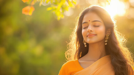 Fototapeta premium young indian woman wearing traditional yellow sari standing at park
