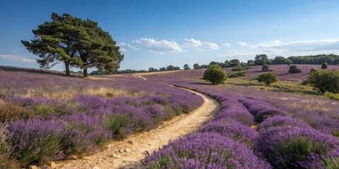 lavender field province France, A field of purple lavender under a bright summer sky, with a winding path through it