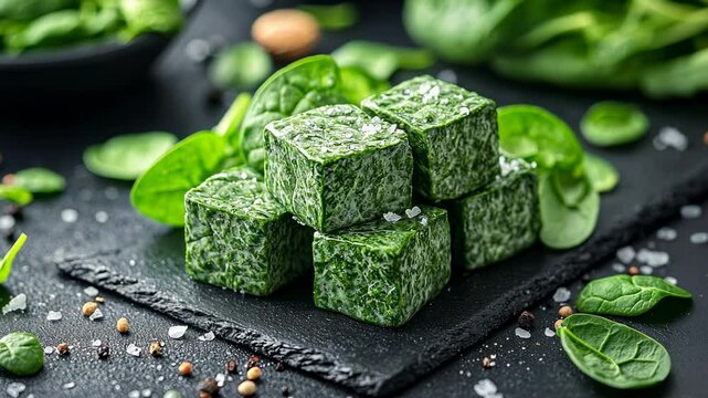 Frozen spinach cubes on slate, fresh spinach in background