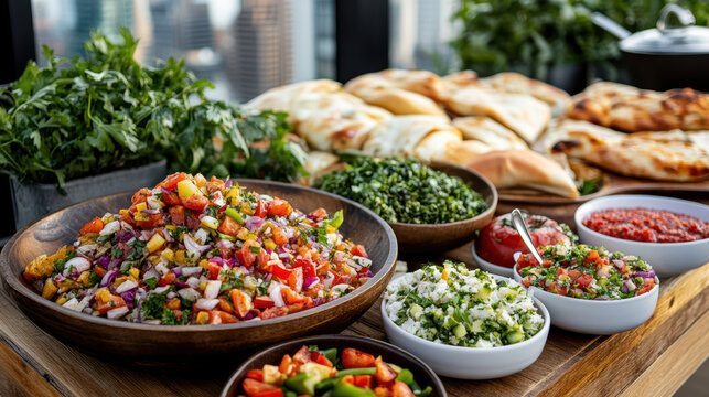 vibrant potluck gathering featuring colorful salads and fresh dishes