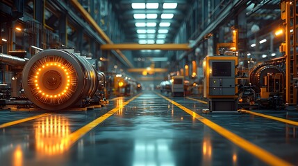 Obraz premium Vibrant Factory Floor with Glowing Renewable Energy Powered Machinery Showcasing Sustainable Manufacturing