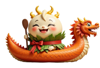 Cartoon character in orange dragon boat with transparent background
