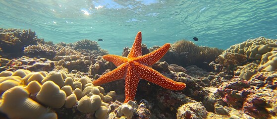 A vibrant starfish clings to a coral reef in the shallow, shimmering ocean waters