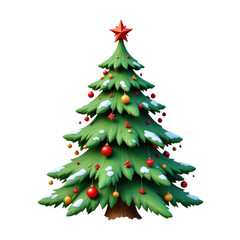 Fototapeta premium Cartoon Christmas tree with snow and ornaments, transparent background