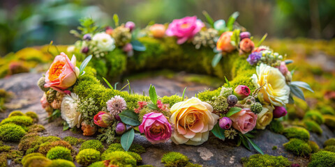 A floral crown made of fresh flowers, resting on a mossy surface for wedding and events
