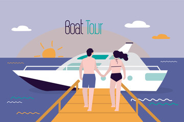 Modern yacht moored to pier, love couple walking to ship. Boat tour, private cruise. Ocean view and coast. Tropical beach, summer paradise. Boat or private yacht