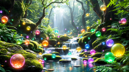 Enchanted Forest Oasis: Cascading Waterfall and Glowing Orbs in a Lush Green Jungle. 