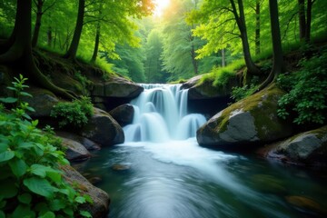 Naklejka premium Fluss durch dichten W?lderwaldern mit Wasserfall, woodland, waterfall