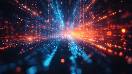 The futuristic abstract technology particles create a vibrant background. Glowing digital elements form a dynamic texture. Innovation and cyberspace converge, illustrating modern concepts.