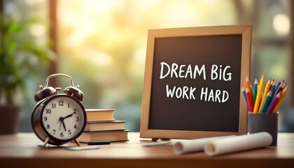 Motivational chalkboard, Dream Big Work Hard text, wooden frame, alarm clock, colored pencils, books, warm lighting, inspirational workspace