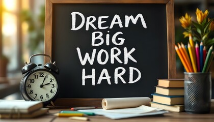 Motivational chalkboard, Dream Big Work Hard text, wooden frame, alarm clock, colored pencils, books, warm lighting, inspirational workspace