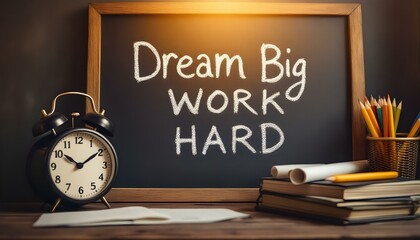 Motivational chalkboard, Dream Big Work Hard text, wooden frame, alarm clock, colored pencils, books, warm lighting, inspirational workspace