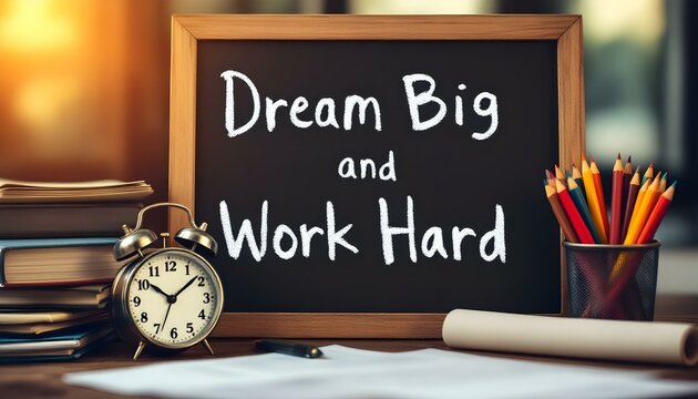 Motivational chalkboard, Dream Big Work Hard text, wooden frame, alarm clock, colored pencils, books, warm lighting, inspirational workspace