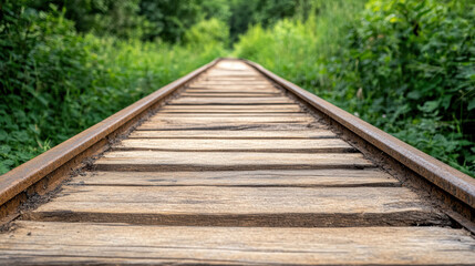 Fototapeta premium Abandoned train track with rusted rails and wooden planks surrounded by greenery