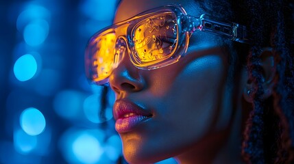 Vibrant Teacher Wearing Glowing VR Glasses Surrounded by Virtual Learning Classroom