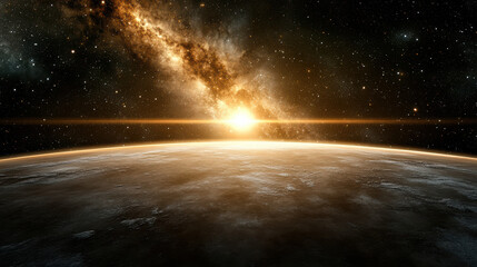 stunning view of distant exoplanet with glowing sun rising over horizon