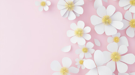White paper flowers on a pink background
