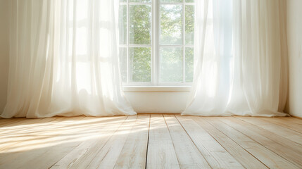 Bright sunlight streaming through sheer curtains in cozy room
