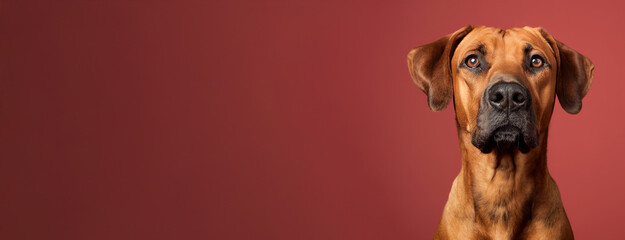 Obraz premium Rhodesian Ridgeback dog on minimalistic colorful background with Copy Space. Perfect for banners, veterinary ads, pet food promotions, and minimalist designs.