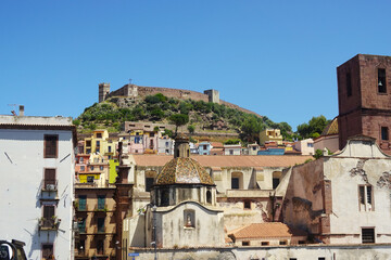 Bosa and its castle seen from the river Temo, Sardinia, Italy