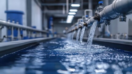 Fototapeta premium Industrial water filtration facility. Clean water flow in purification plant. Pipes and equipment manage ensuring a clean system. Technology and engineering in modern infrastructure.