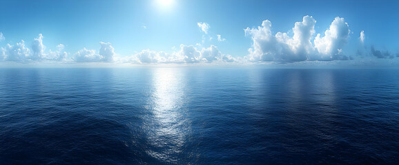 Wide Panorama Of Ocean With Sunny Sky And Clouds