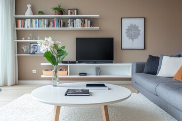 Modern living room with gray sofa, white coffee table, and built-in shelving.