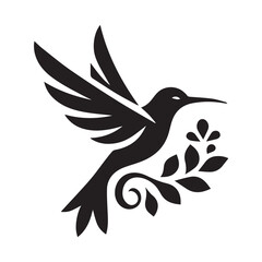 Fototapeta premium Abstract black and white bird illustration with a silhouette of a hummingbird, crow, and sparrow in flight, featuring wings, beak, and feathers in a simple, cute, and artistic design