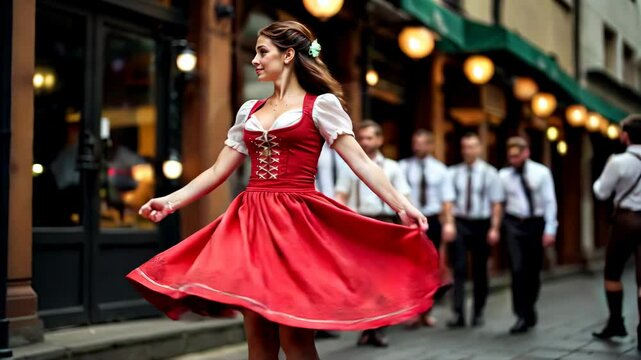 Young woman wearing traditional red dirndl dancing gracefully, accompanied by musicians in bavarian attire, celebrating oktoberfest