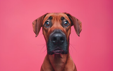 Obraz premium Rhodesian Ridgeback dog on minimalistic colorful background with Copy Space. Perfect for banners, veterinary ads, pet food promotions, and minimalist designs.