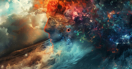 Explore the cosmos through this vibrant, abstract fusion of human and nebula