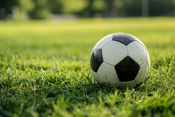Fototapeta premium A soccer ball lies on the green grass, close up view. Generative AI