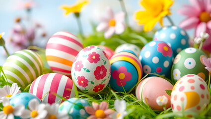 Fototapeta premium Colorful Easter eggs decorated and scattered on a bed of fresh green grass with flowers