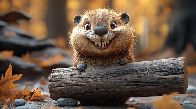 Enchanting Tiny Beaver with Bright Buck Teeth Playfully Tackling Wooden Log | Nature's Whimsical Sculptor