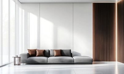 Modern living room with grey sectional sofa, wood wall, and large window.