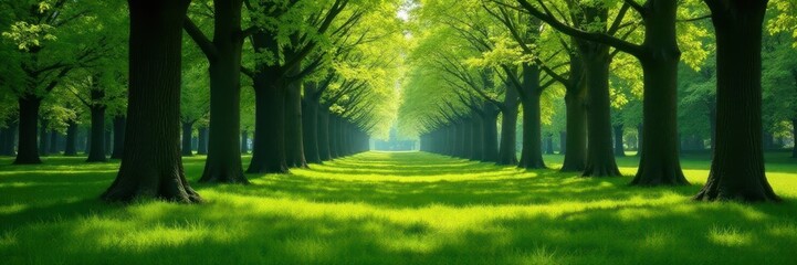 Dark tree trunks with light-colored spring shoots, green, trees, color