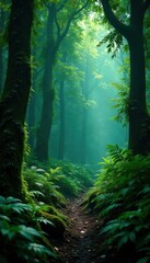 Fototapeta premium Dark tropical forest landscape with ferns and tree trunks, dense foliage, tropical trees