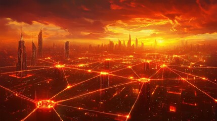 Naklejka premium Futuristic skyline with a glowing network at sunset. Modern cityscape and digital architecture form a connected urban landscape. Ideal for cyber backgrounds and technology visuals.