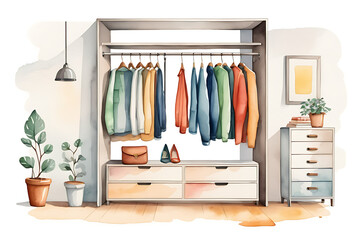Watercolor Closet Scene with Hanging Clothes and Accessories Illustration