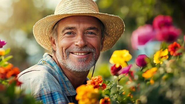 Man wearing a straw hat is smiling and posing in front of a colorful flower garden. The garden is filled with a variety of flowers, including pink, yellow, and orange ones