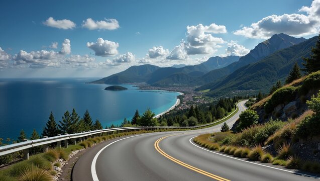 Stunning view of Albanian Seaside Roads winding through lush greenery, overlooking tranquil blue waters and mountainous landscape. Concept of Albanian Seaside Roads showcasing natural beauty