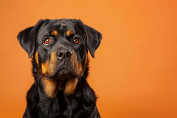 Obraz premium Rottweiler dog on minimalistic colorful background with Copy Space. Perfect for banners, veterinary ads, pet food promotions, and minimalist designs.