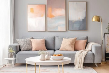 Obraz premium Modern living room with grey sofa, abstract art, and round coffee table.